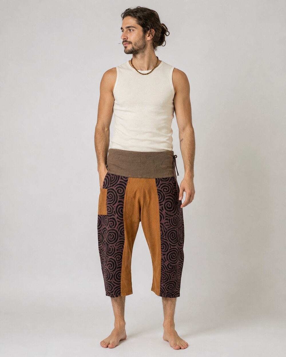 Men’s Boho Patchwork Harem Pants Cropped Spiral Print Festival Hippie One Size